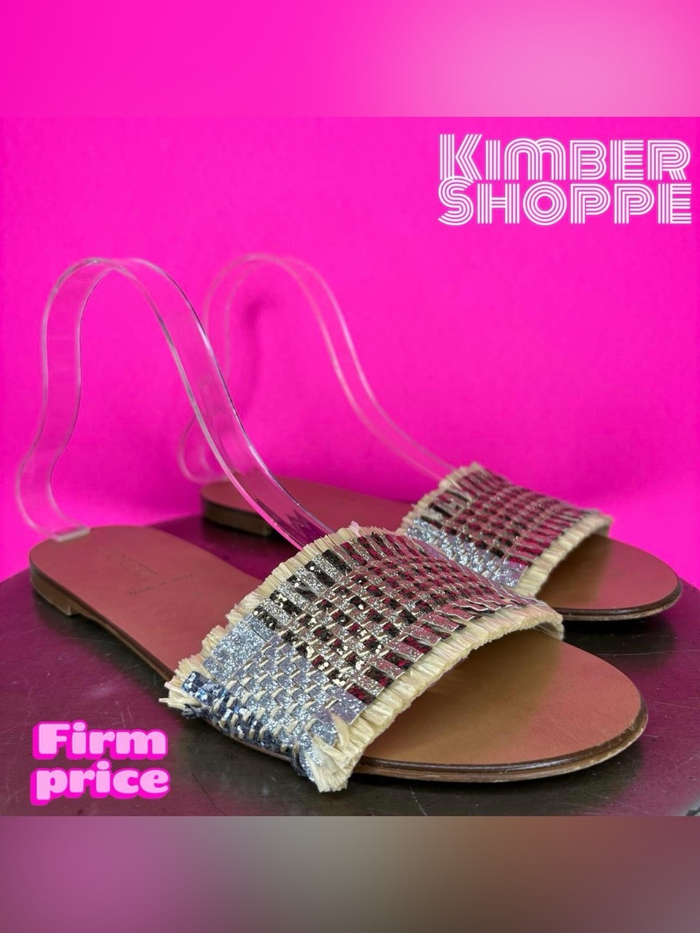 J.Crew Metallic Silver Bronze Pewter Raffia Flat Slide Sandal US 8.5 UK 6 EU 39